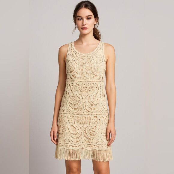 INC NEW $140 Birch Tree Sz 8 Tan Knit Under Slip Fringe Cotton - Picture 1 of 11